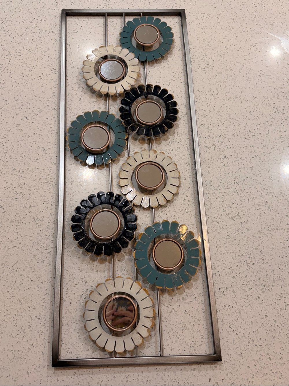 Decorative Floral Metal Wall Art Panel in Teal, Black, and Cream